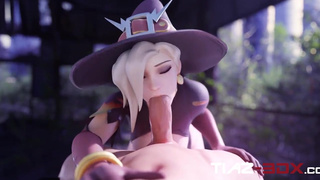 Ведьмочка Mercy вкусно облизывает большой хер пацана