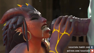 Горячая Symmetra из Overwatch облизывает болт демона и заглатывает спемру