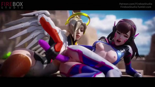 Лесбухи D.Va и Mercy развлекаются с резиновым членом