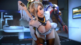 Soldier 76 изо всех сил сношает грудастенькую подружку Mercy - порно мультик