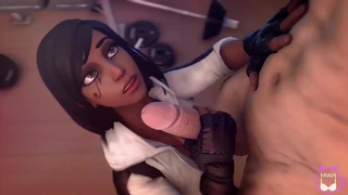 Мулатка Pharah лижет болт другого персонажа из OverWatch
